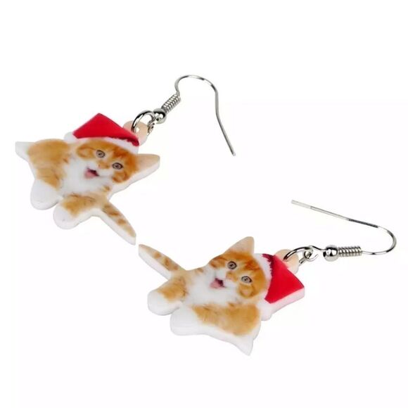 Tabby Cat Christmas Earrings Santa Holiday Orange - Picture 3 of 5